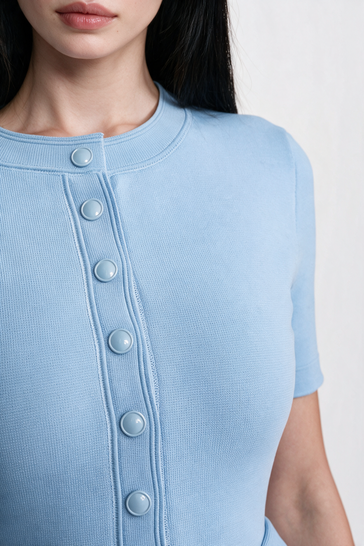 Peplum Knit Midi Dress With Button Front - Light Blue
