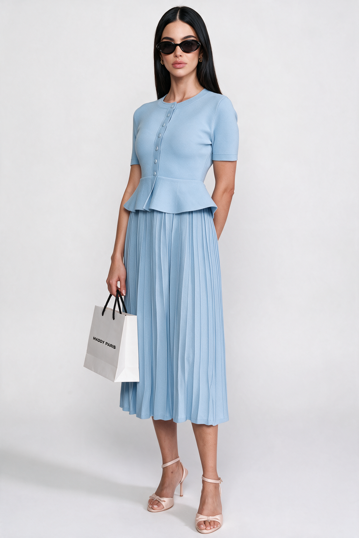 Peplum Knit Midi Dress With Button Front - Light Blue