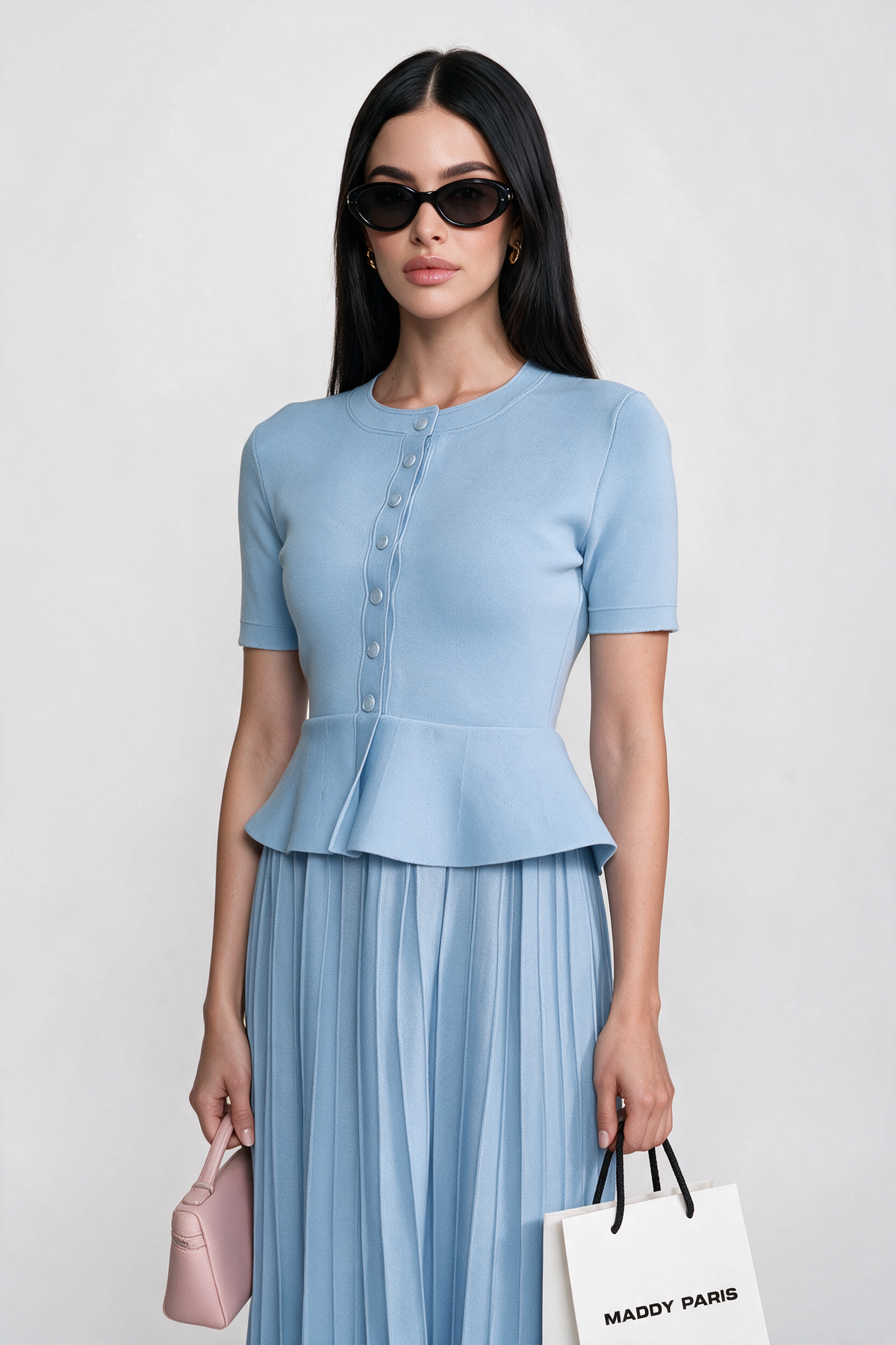 Peplum Knit Midi Dress With Button Front - Light Blue