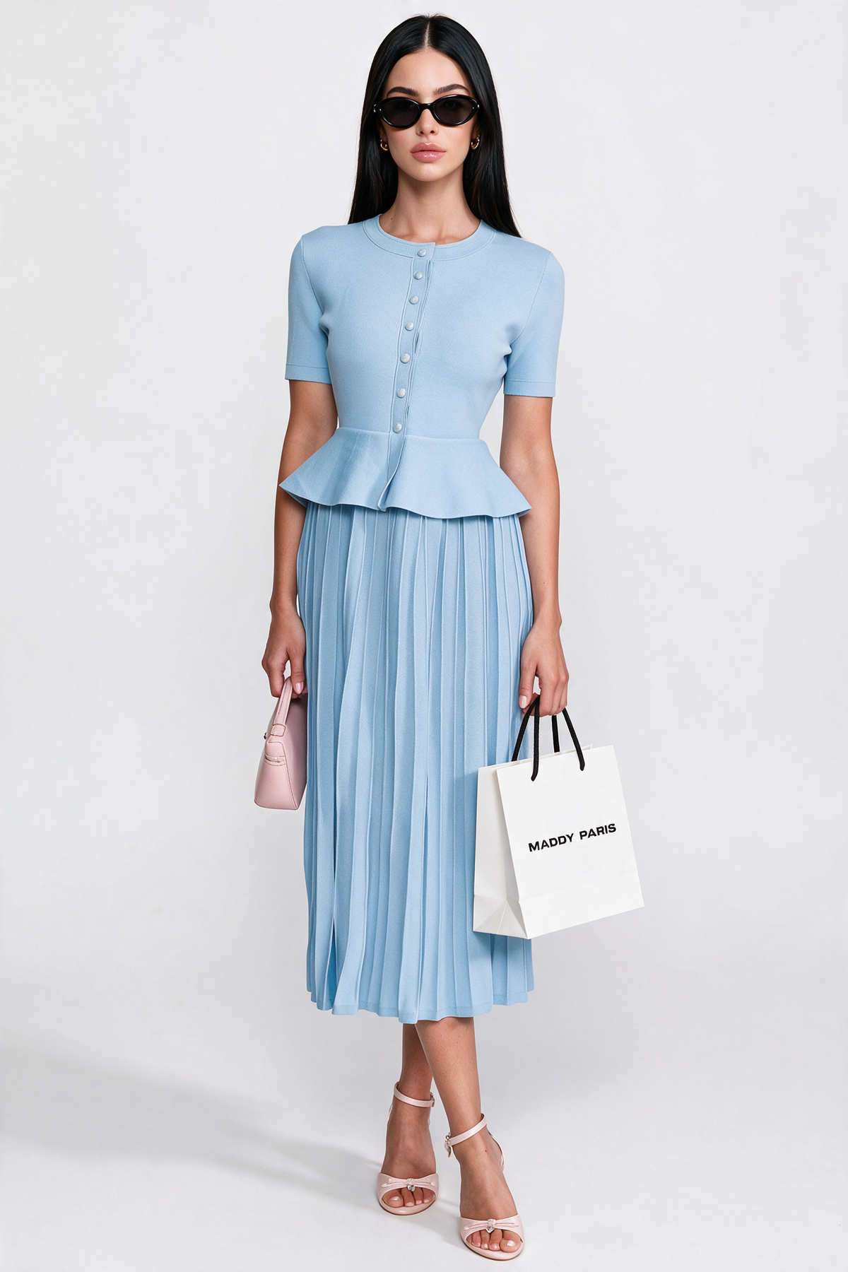 Peplum Knit Midi Dress With Button Front - Light Blue