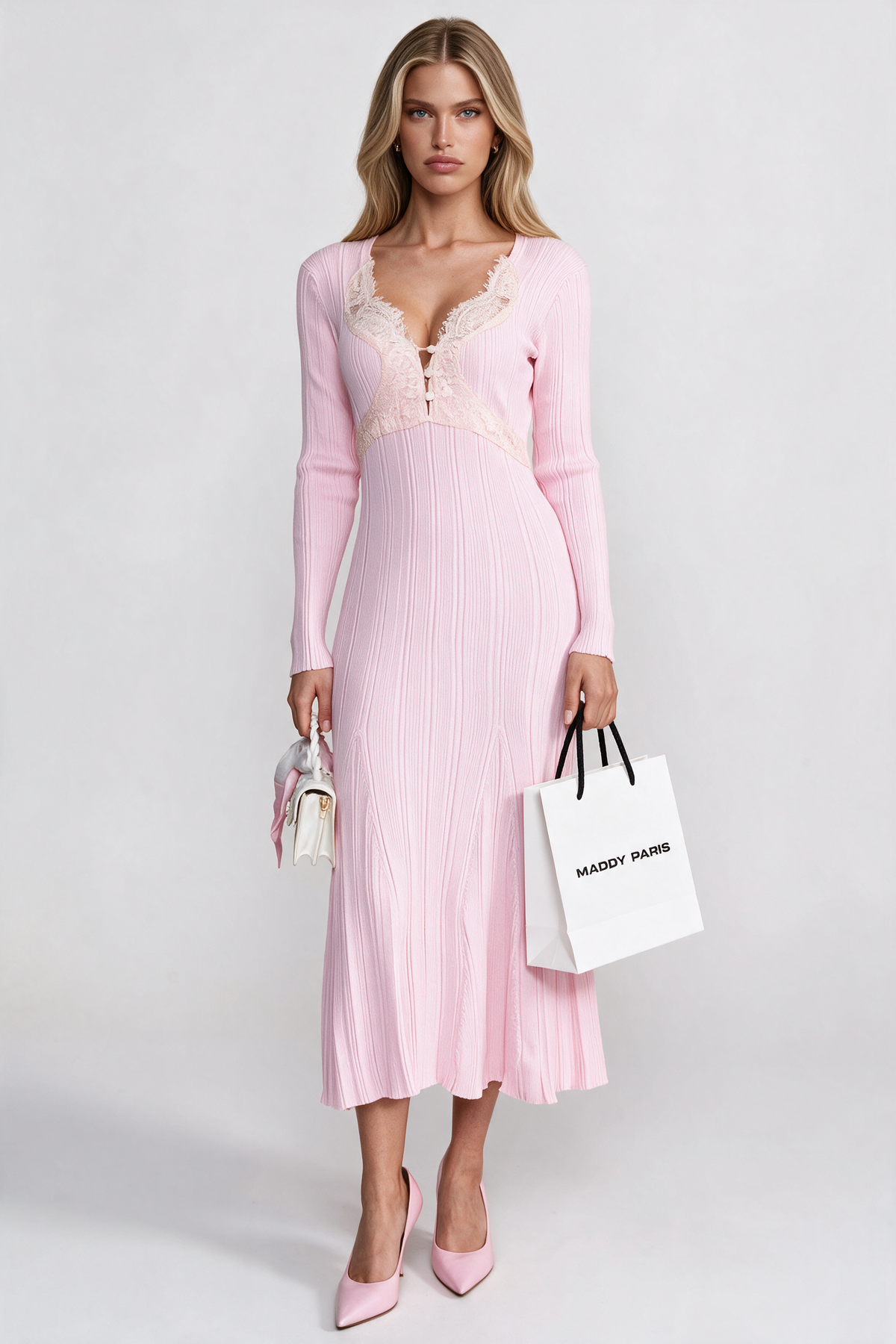Ribbed Long Sleeve Midi Dress With Lace-Trim V-Neckline - Baby Pink