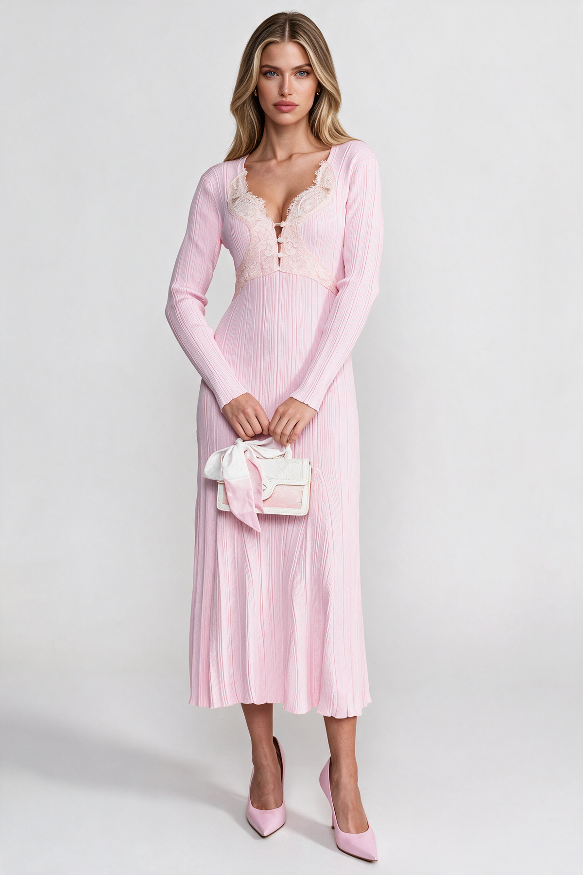 Ribbed Long Sleeve Midi Dress With Lace-Trim V-Neckline - Baby Pink