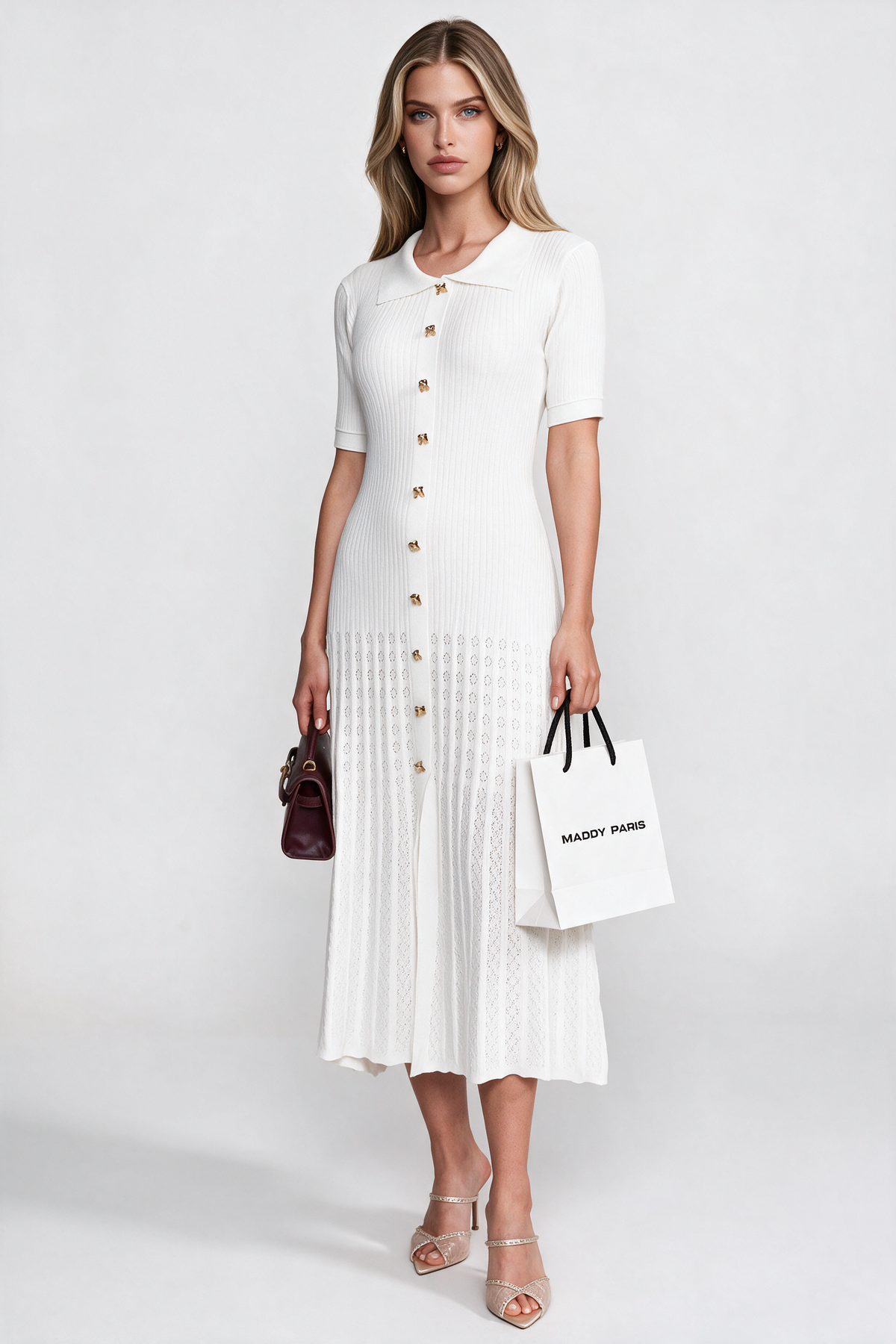 Ribbed Knit Midi Dress With Peter Pan Collar And Pleated Skirt - White