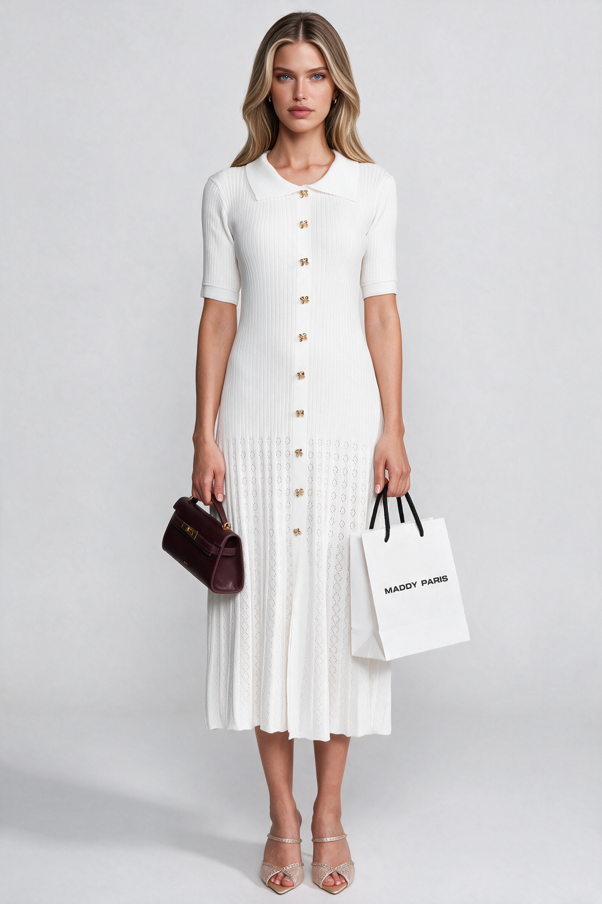 Ribbed Knit Midi Dress With Peter Pan Collar And Pleated Skirt - White