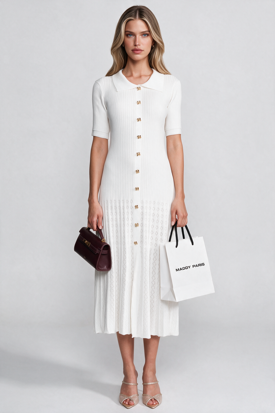 Ribbed Knit Midi Dress With Peter Pan Collar And Pleated Skirt - White