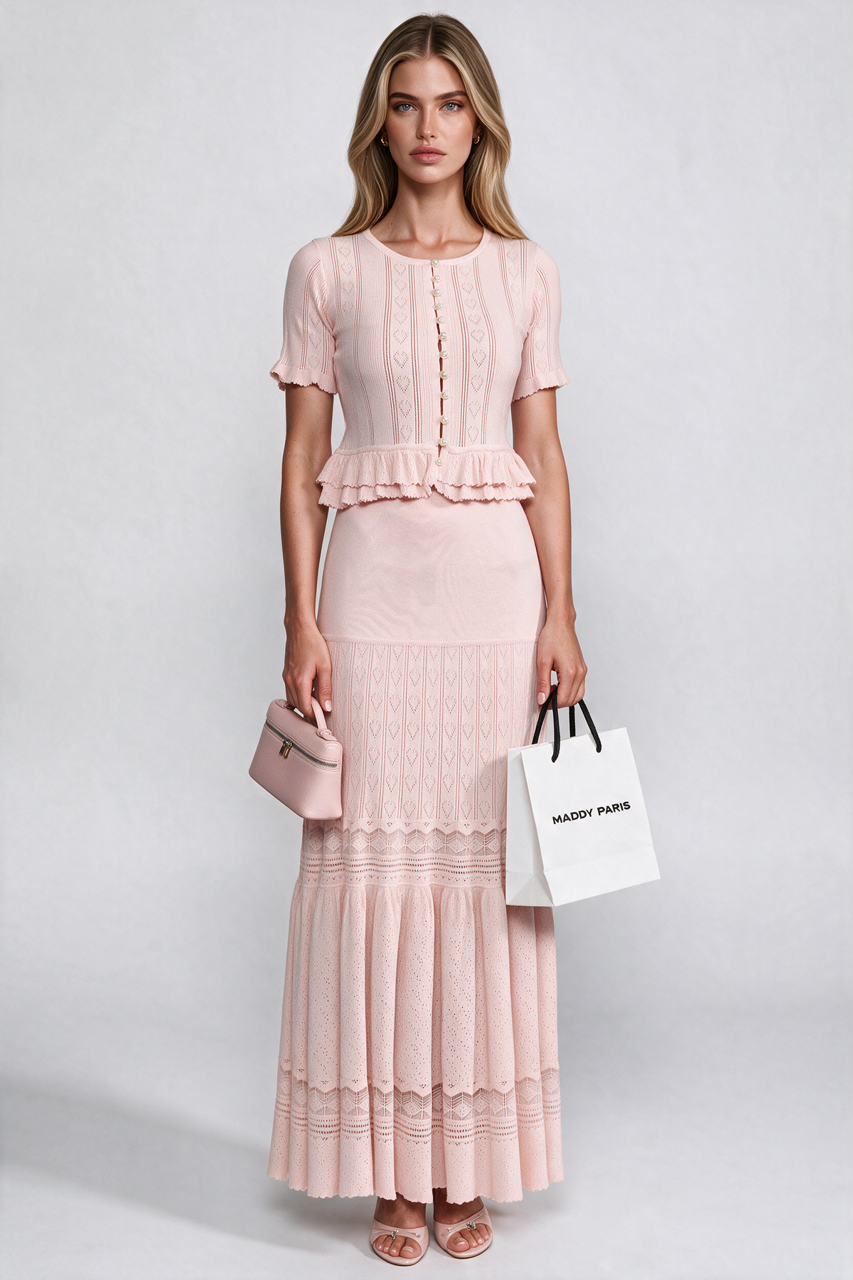 Two-Piece Knit Co-Ord Set With Ruffled Waist - Pink