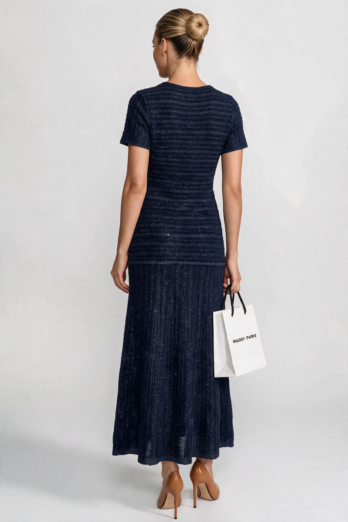 Short Sleeve Midi Dress With Shimmer Knit Texture - Navy