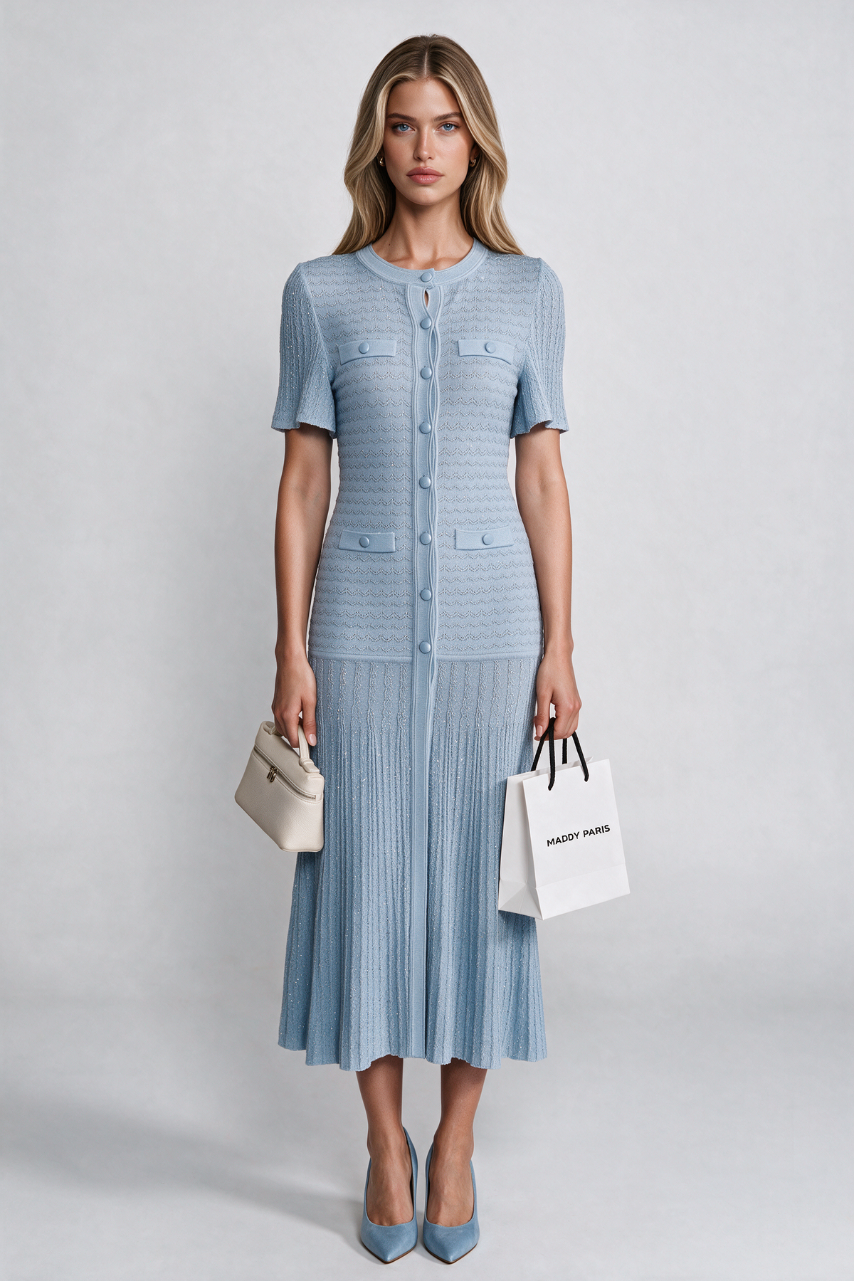 Short Sleeve Midi Dress With Shimmer Knit Texture - Light Blue