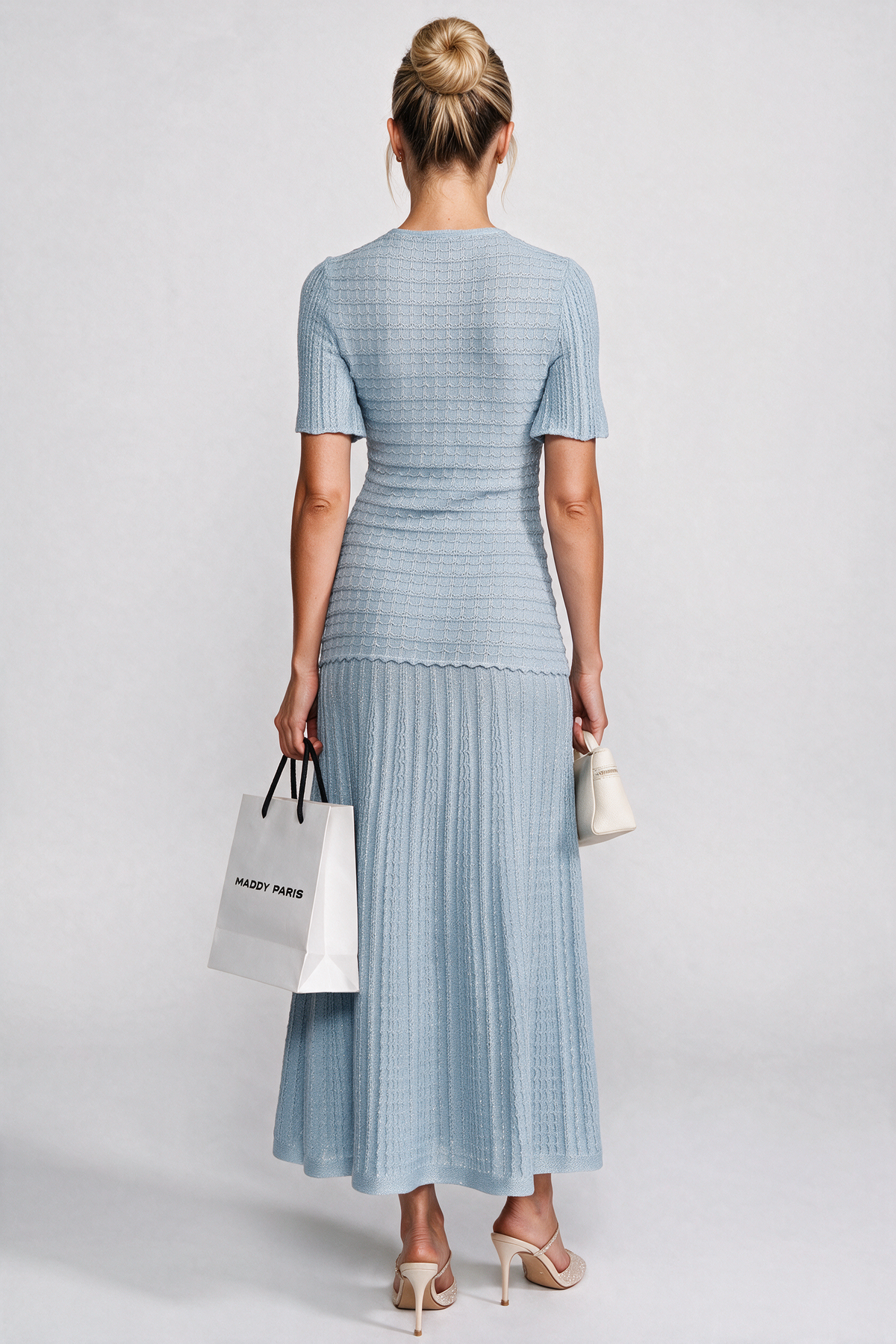 Short Sleeve Midi Dress With Shimmer Knit Texture - Light Blue