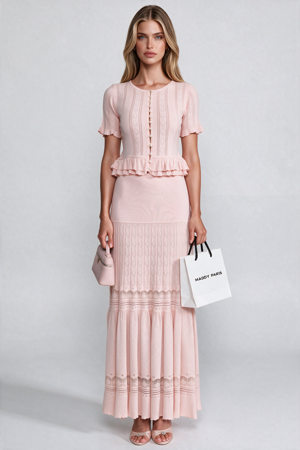 Two-Piece Knit Co-Ord Set With Ruffled Waist - Pink