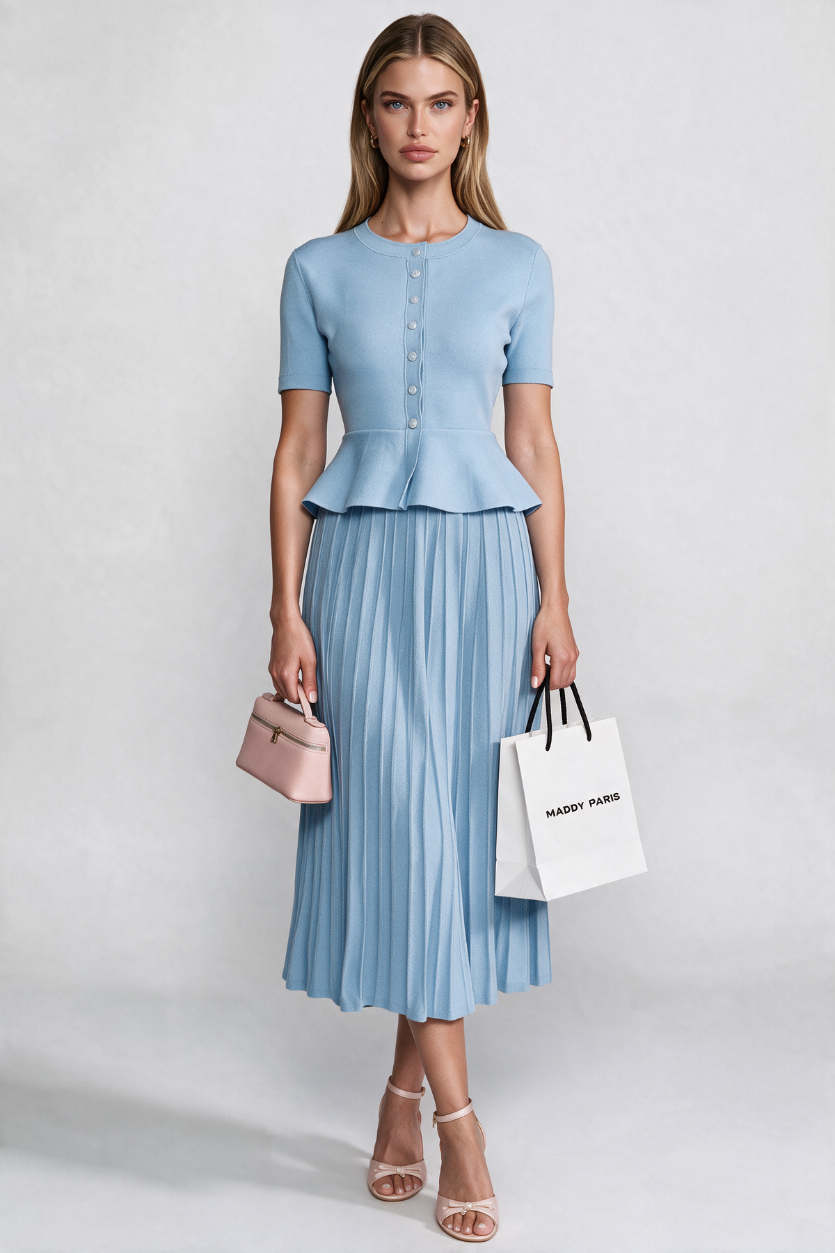Peplum Knit Midi Dress With Button Front - Light Blue