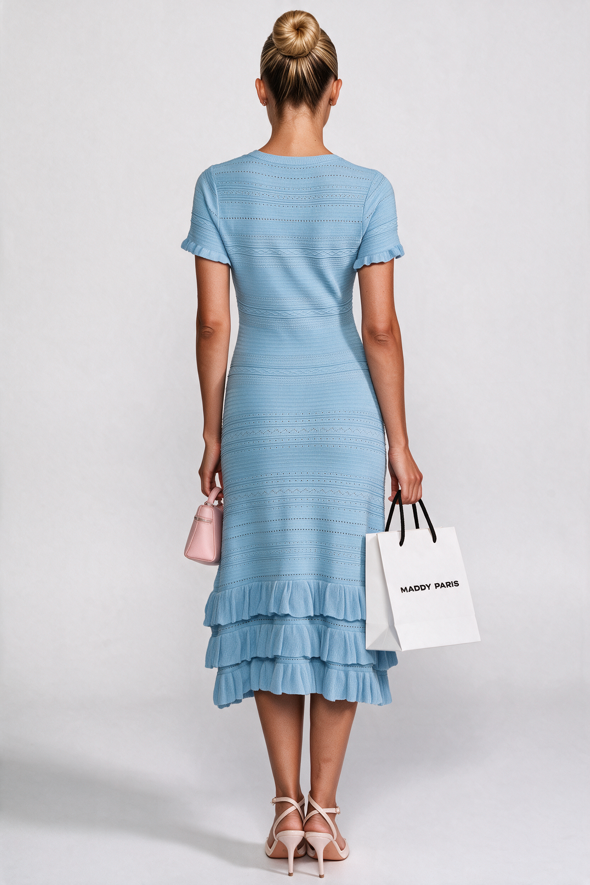 Ruffle Hem Knit Midi Dress With Button Front - Sky Blue