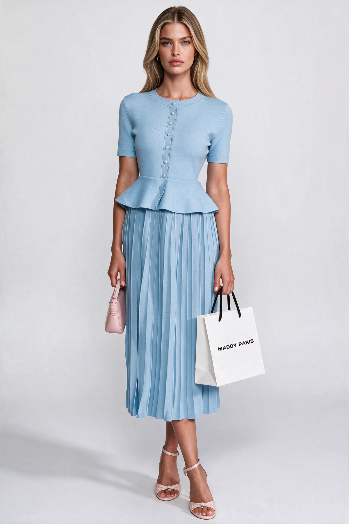 Peplum Knit Midi Dress With Button Front - Light Blue