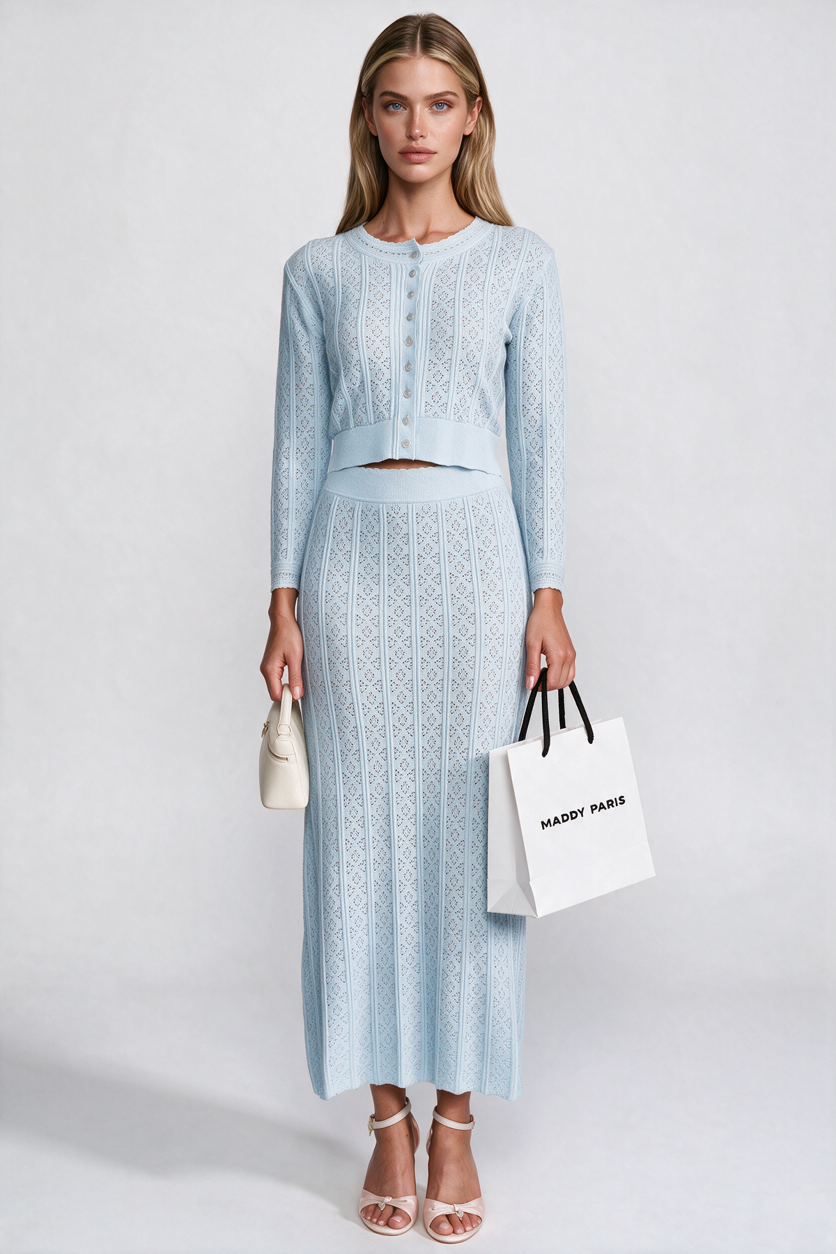 Eyelet Knit Co-Ord Set With Cardigan And Maxi Skirt - Light Blue