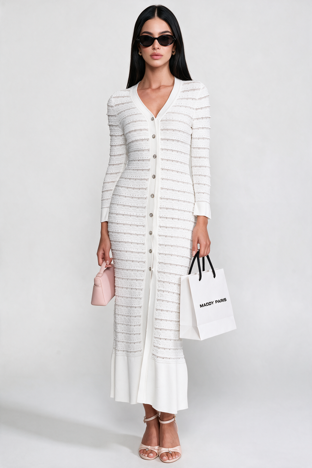 Textured Knit Maxi Cardigan Dress With Crystal Button - White