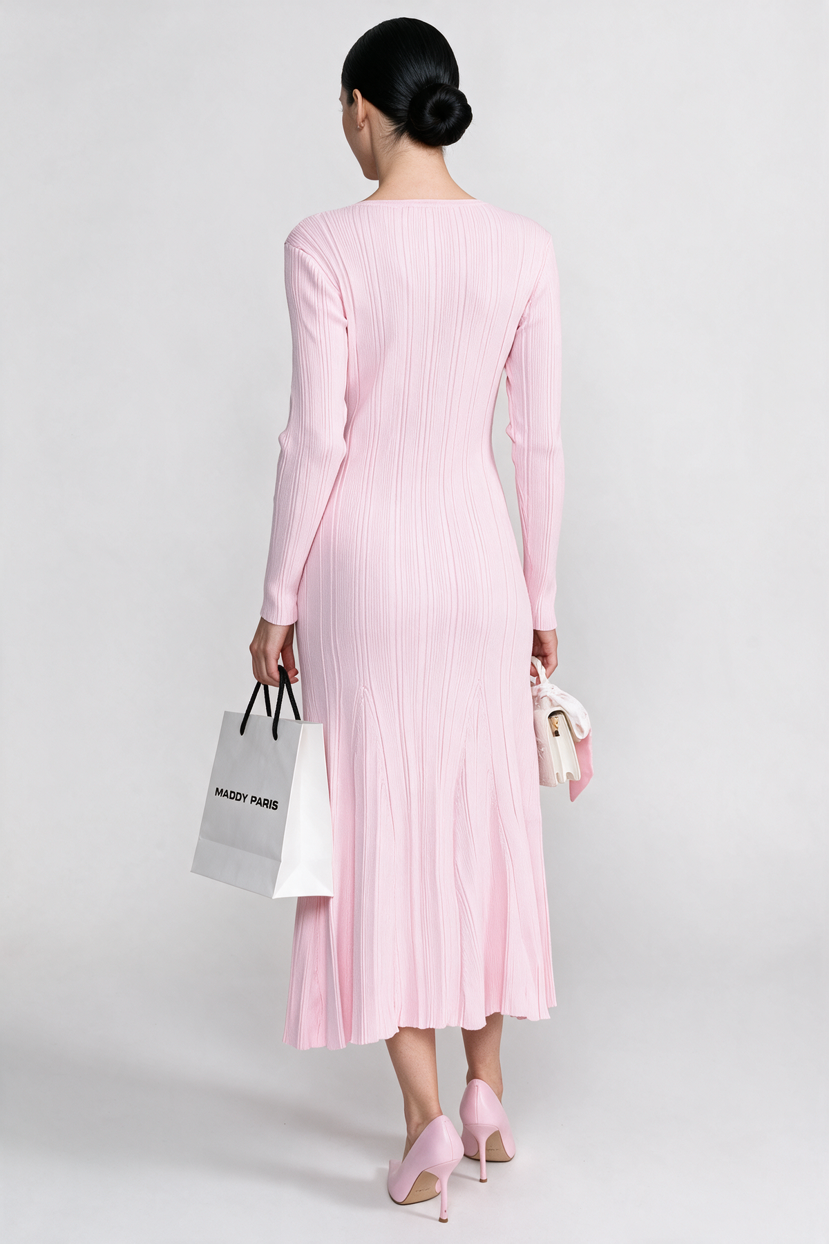 Ribbed Long Sleeve Midi Dress With Lace-Trim V-Neckline - Baby Pink