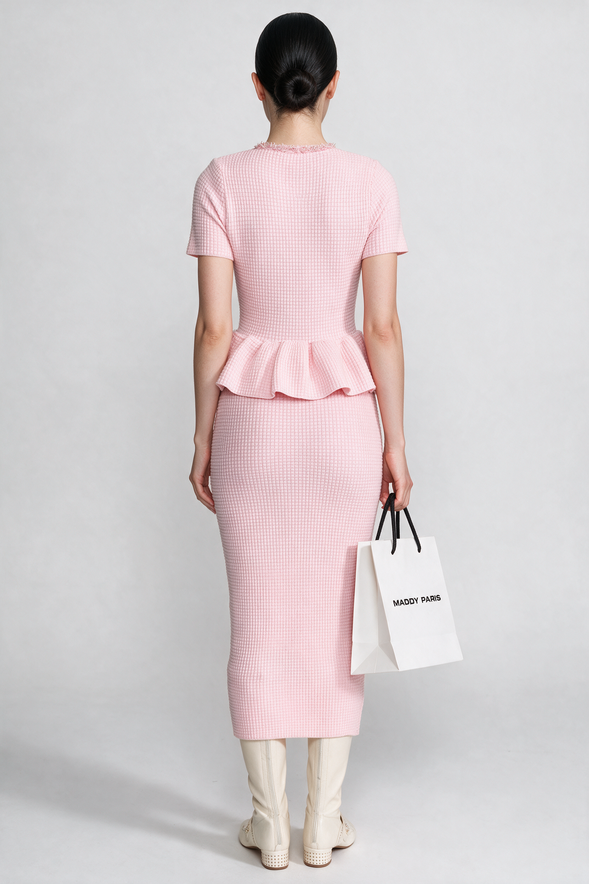 Textured Knit Midi Dress with Peplum Waist Detail – Baby Pink