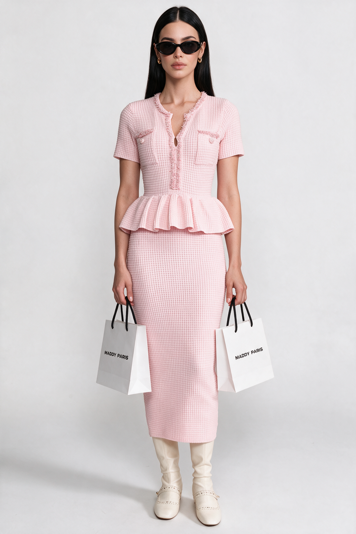 Textured Knit Midi Dress with Peplum Waist Detail – Baby Pink