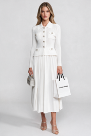 Isolde White Open-Knit Dress with Pleated Midi Skirt