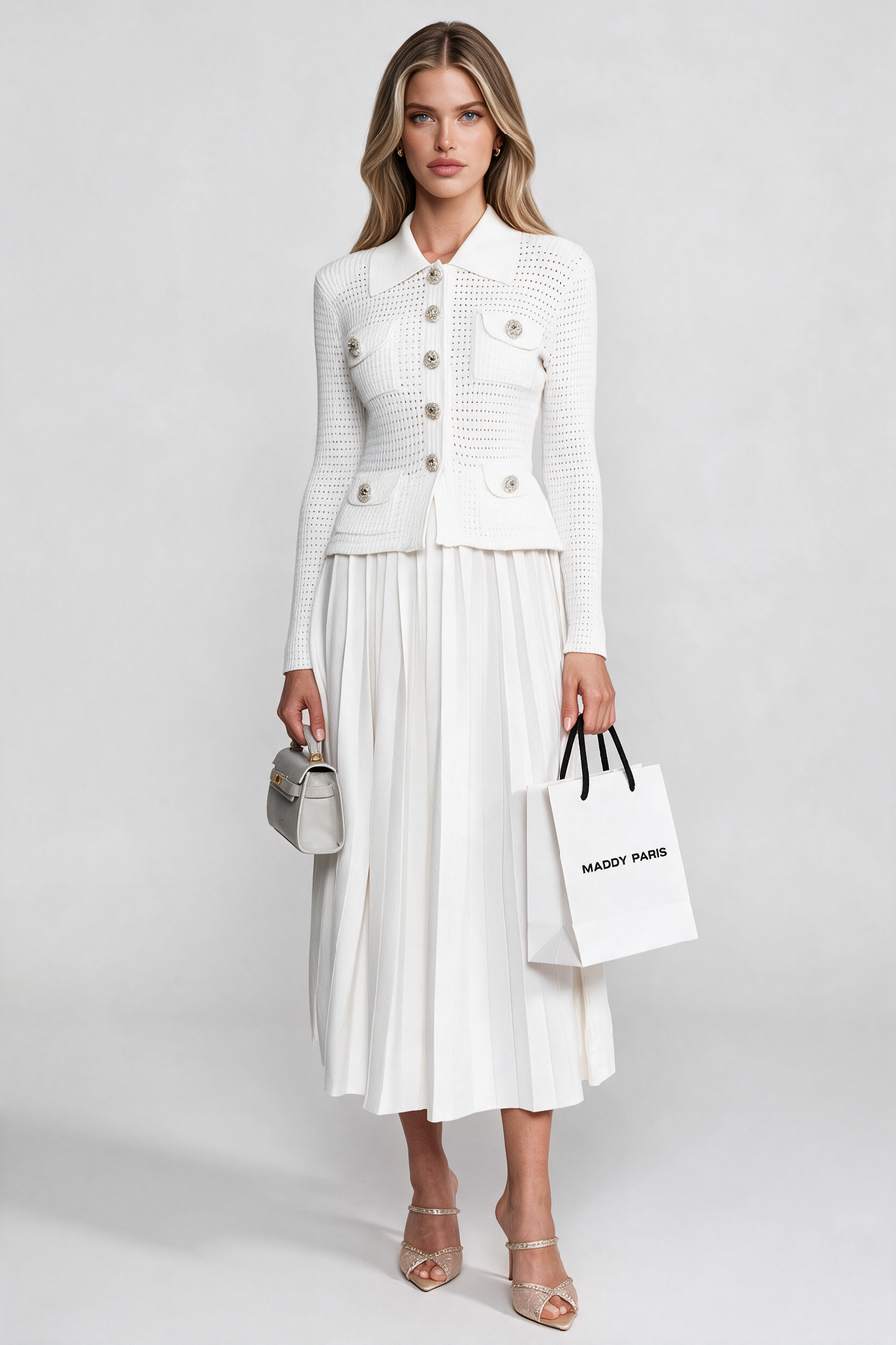Open-Knit Dress with Pleated Midi Skirt - White