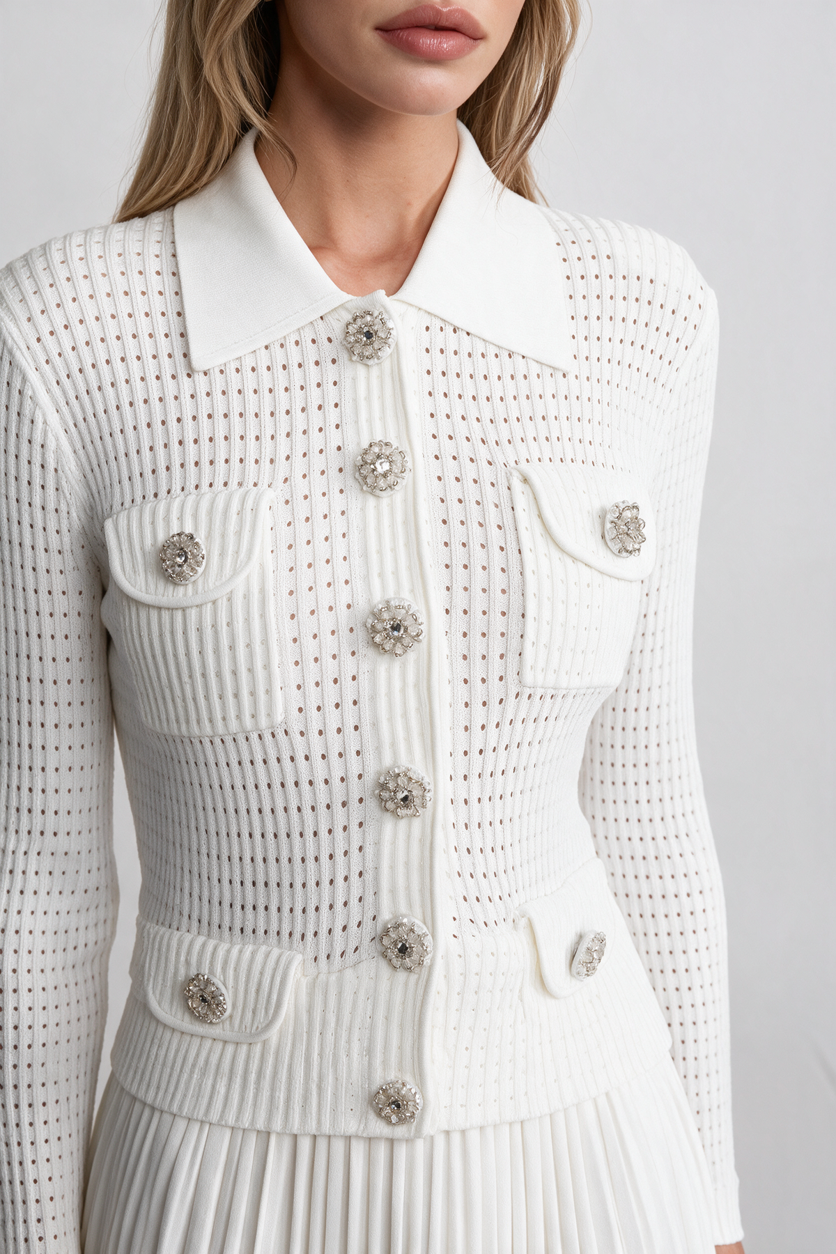 Open-Knit Dress with Pleated Midi Skirt - White