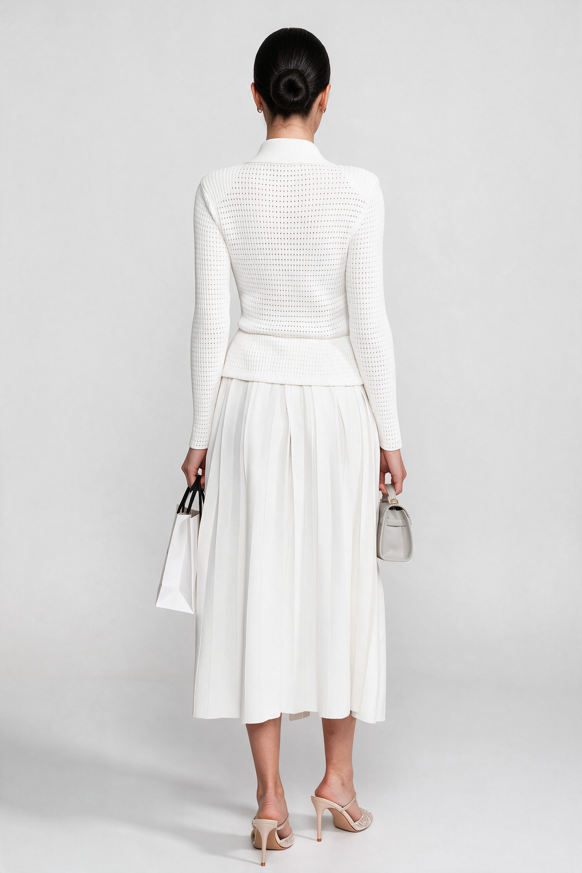 Open-Knit Dress with Pleated Midi Skirt - White