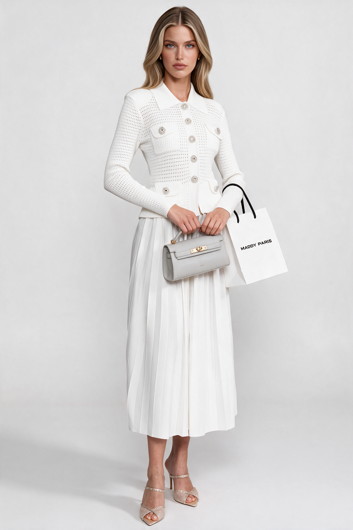 Open-Knit Dress with Pleated Midi Skirt - White