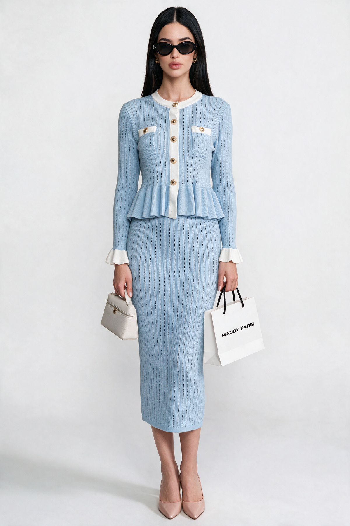 Pointelle Knit Midi Co-Ord with Contrast Trim - Baby Blue