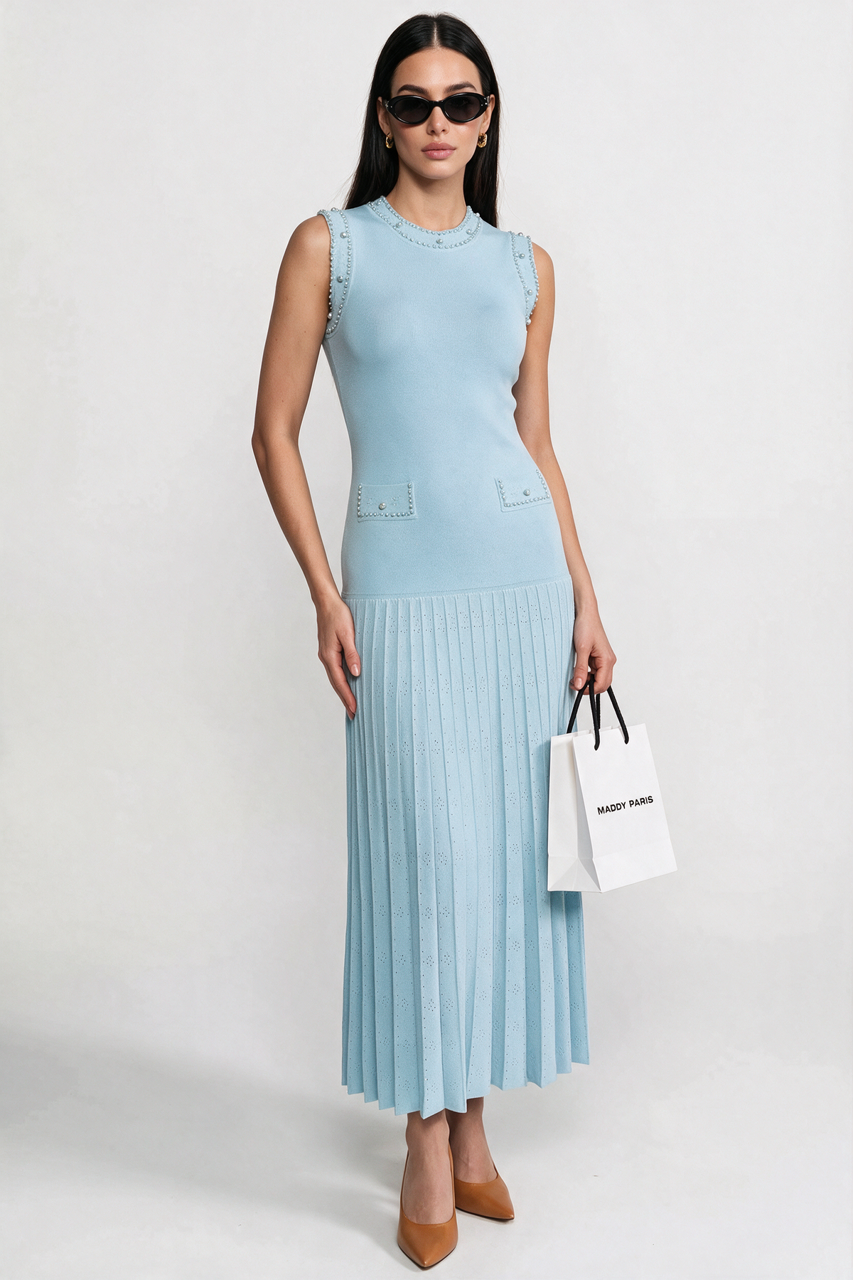 Knitted Sleeveless Midi Dress With Pearl Embellishments - Blue