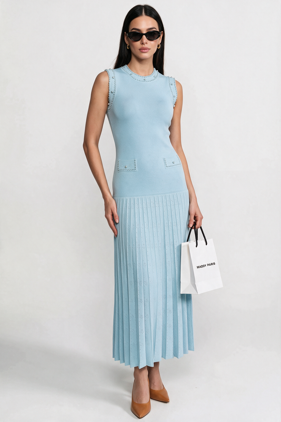 Knitted Sleeveless Midi Dress With Pearl Embellishments - Blue