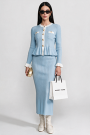 Maelle Baby Blue Pointelle Knit Midi Co-Ord with Contrast Trim