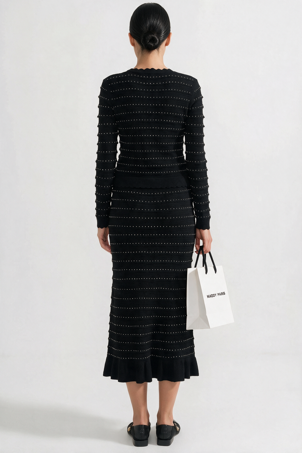 Knit Co-Ord Set With Pointelle Stripe Texture - Black