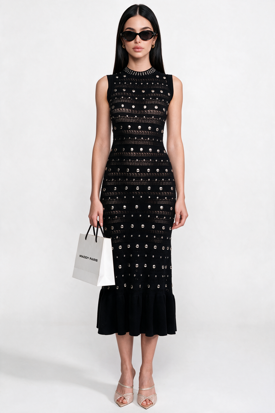 Embellished Knit Midi Dress With High Neck And Ruffle Hem - Black
