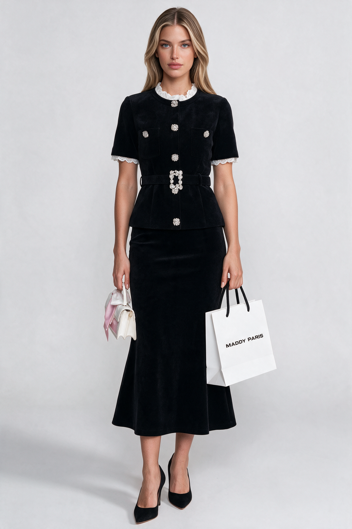 Short Sleeve Co-Ord With Peplum Waist And Crystal Button Belt - Black