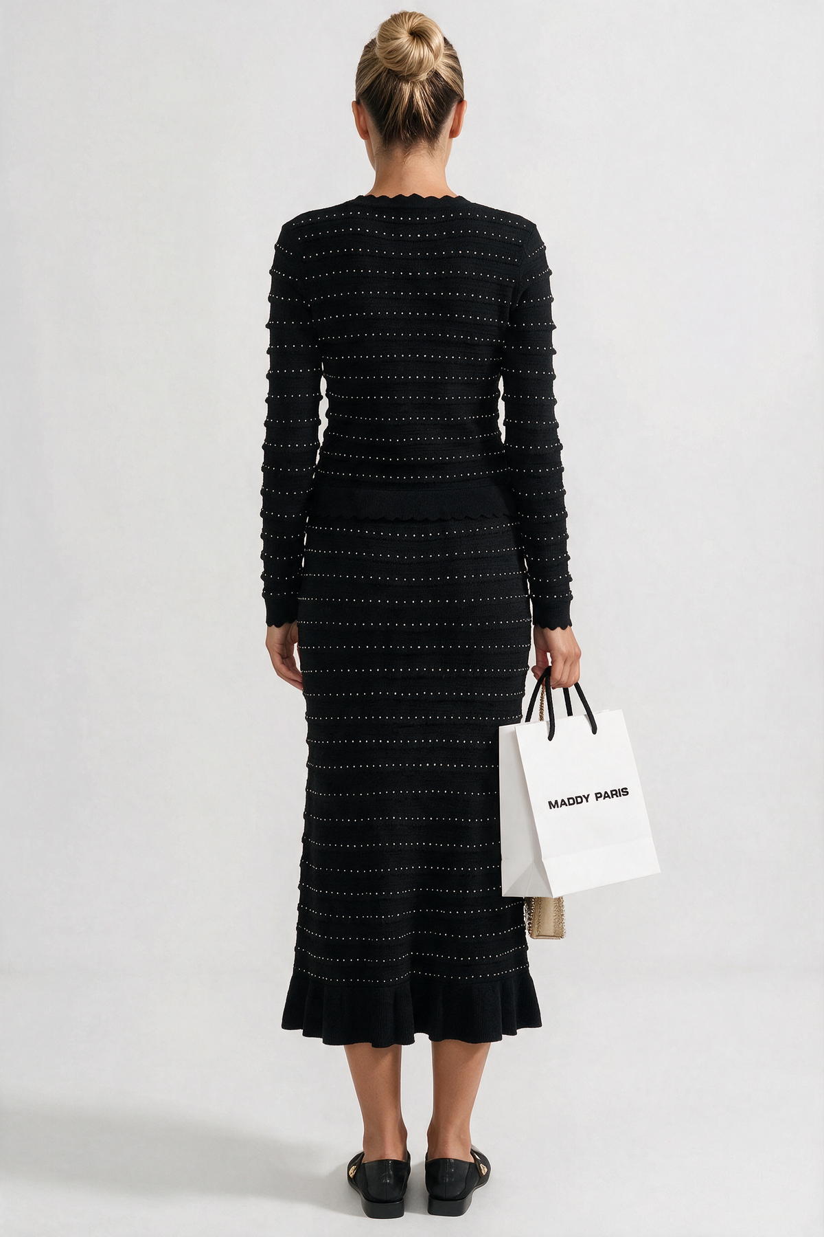 Knit Co-Ord Set With Pointelle Stripe Texture - Black