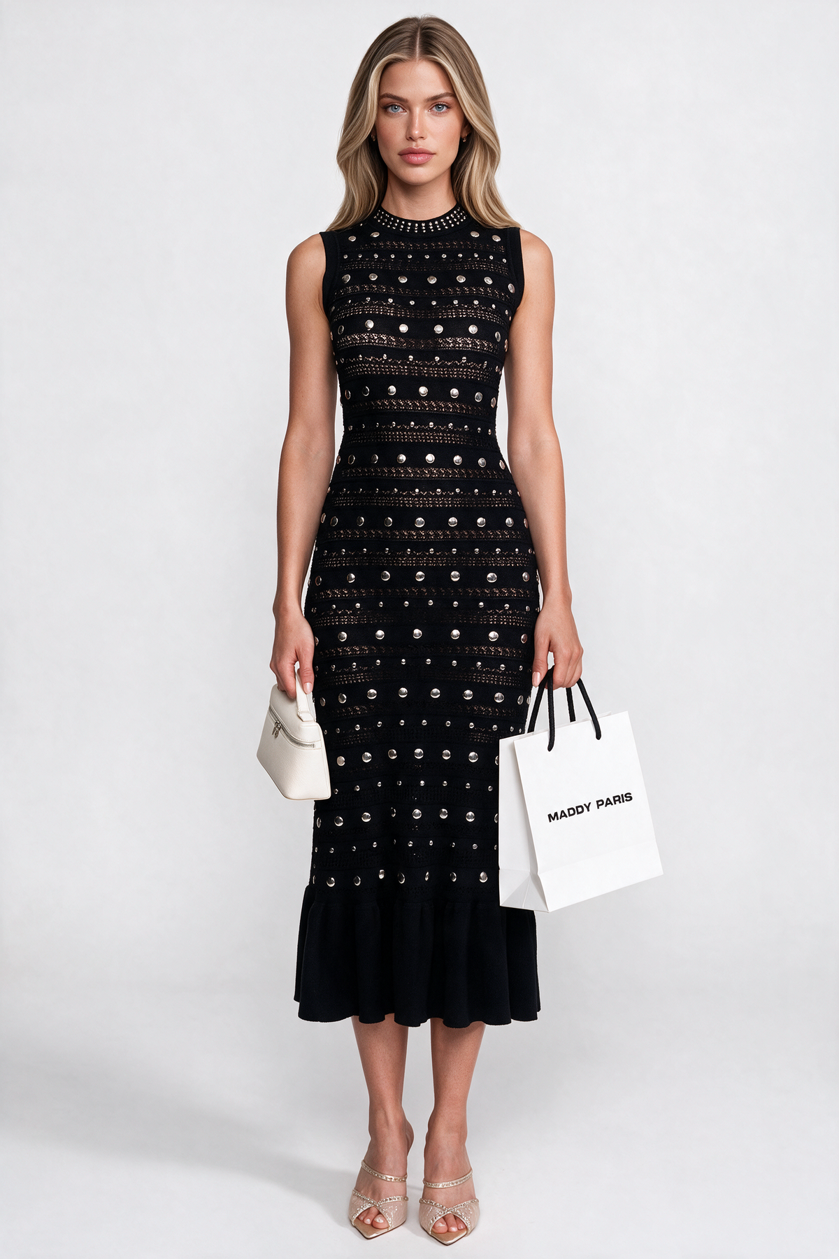 Embellished Knit Midi Dress With High Neck And Ruffle Hem - Black