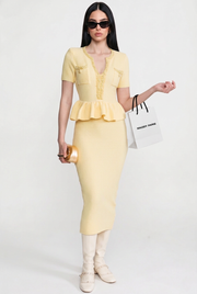 Lucrezia Yellow Textured Knit Midi Dress with Peplum Waist Detail