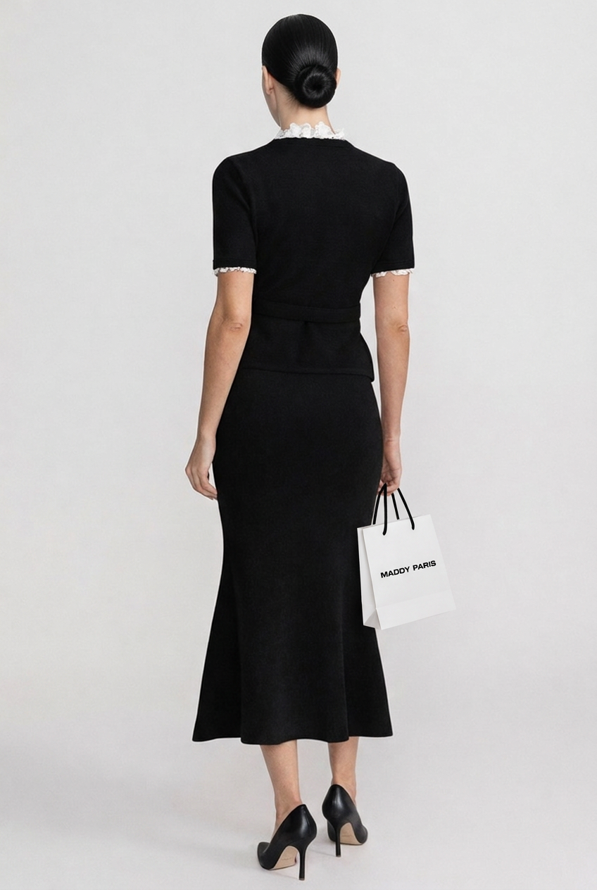 Short Sleeve Co-Ord With Peplum Waist And Crystal Button Belt - Black