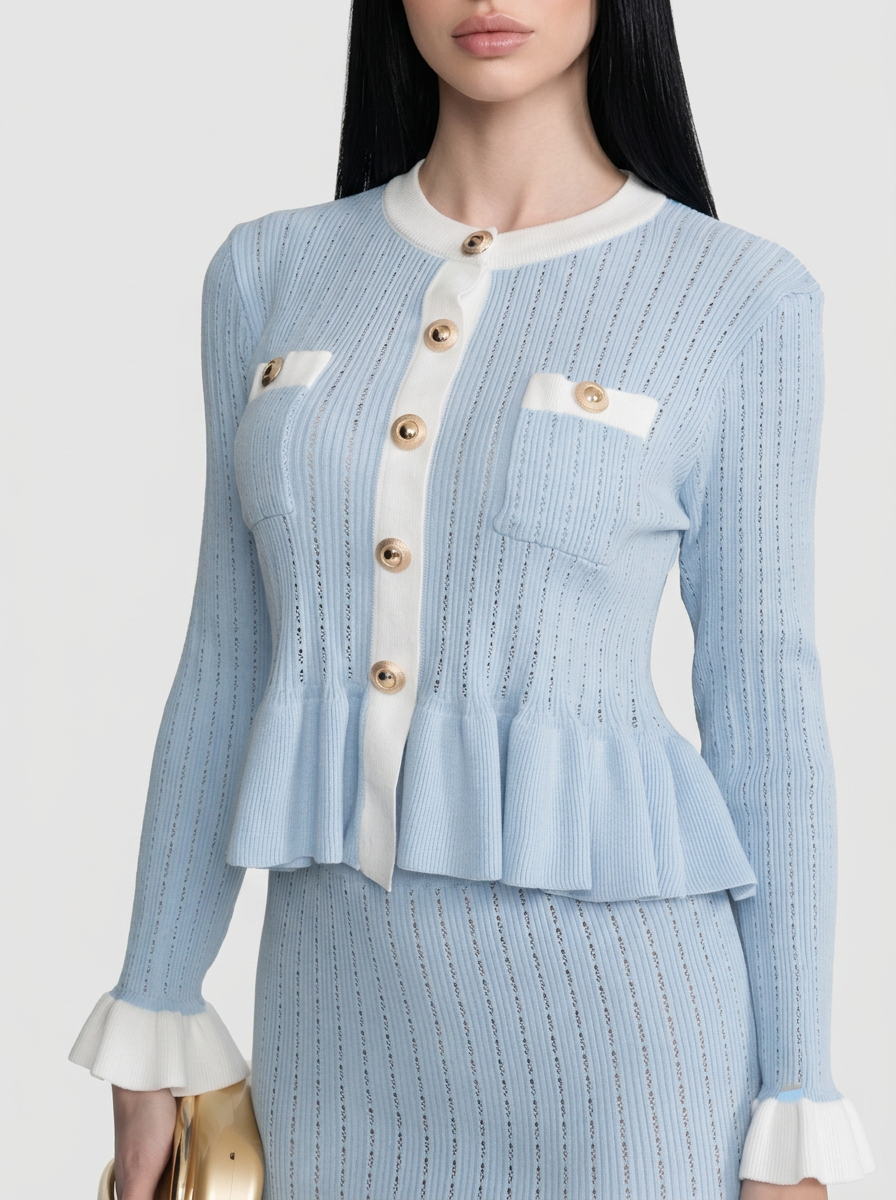 Pointelle Knit Midi Co-Ord with Contrast Trim - Baby Blue
