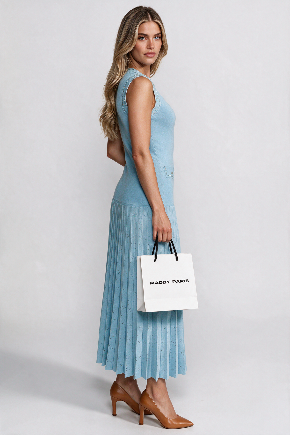 Knitted Sleeveless Midi Dress With Pearl Embellishments - Blue - three-quarter view