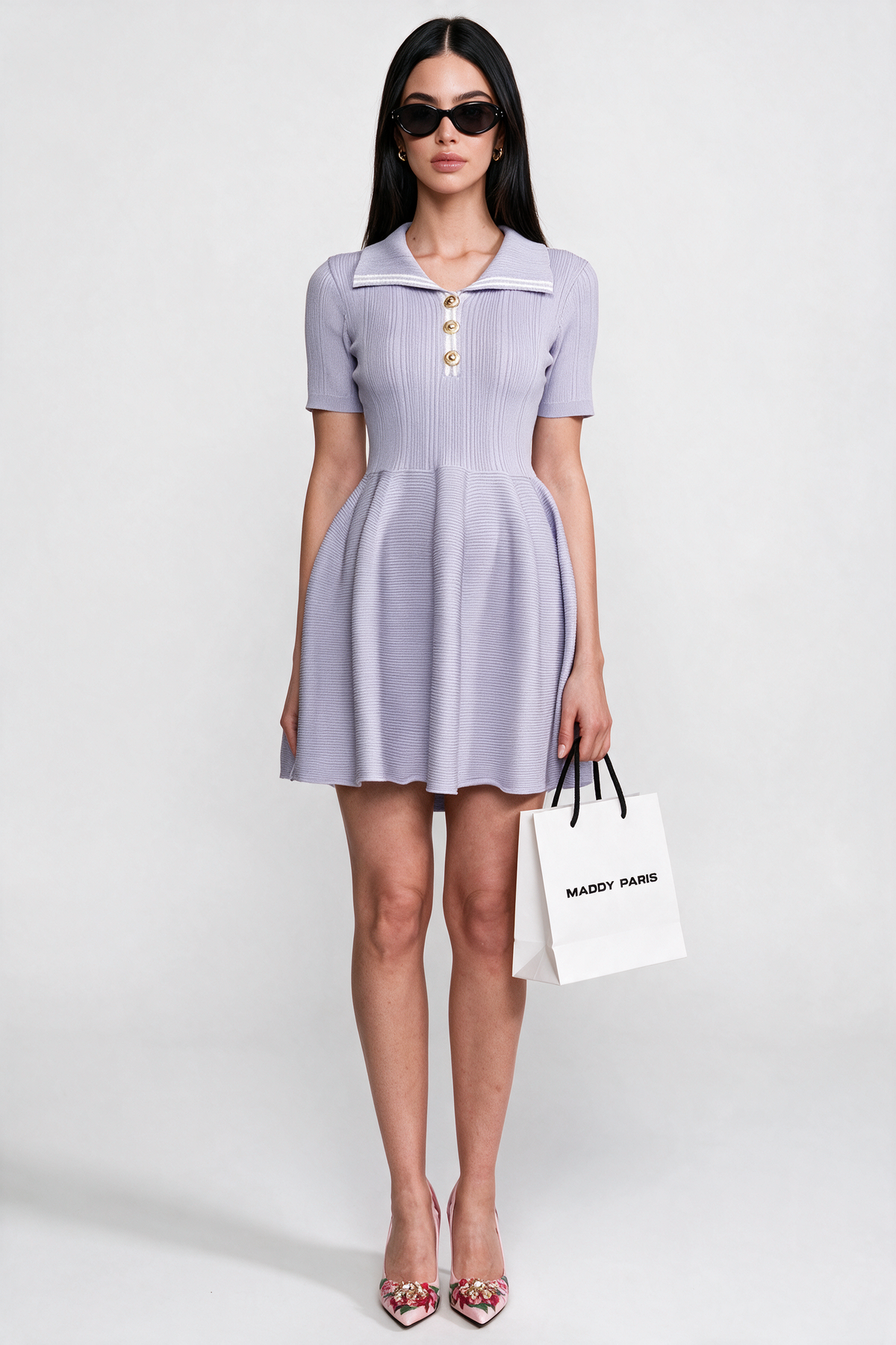 Ribbed Knit Mini Dress With Open Polo Collar And Jewel Buttons - Lilac