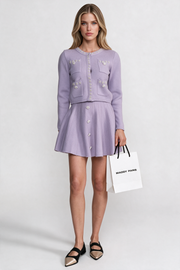 Delphine Lilac Knit Co-Ord Set With Long Sleeve Cardigan And Matching Mini Skirt