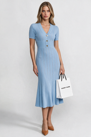 Sidonie Blue Ribbed Short Sleeve Midi Dress With Gold Button V-Neckline