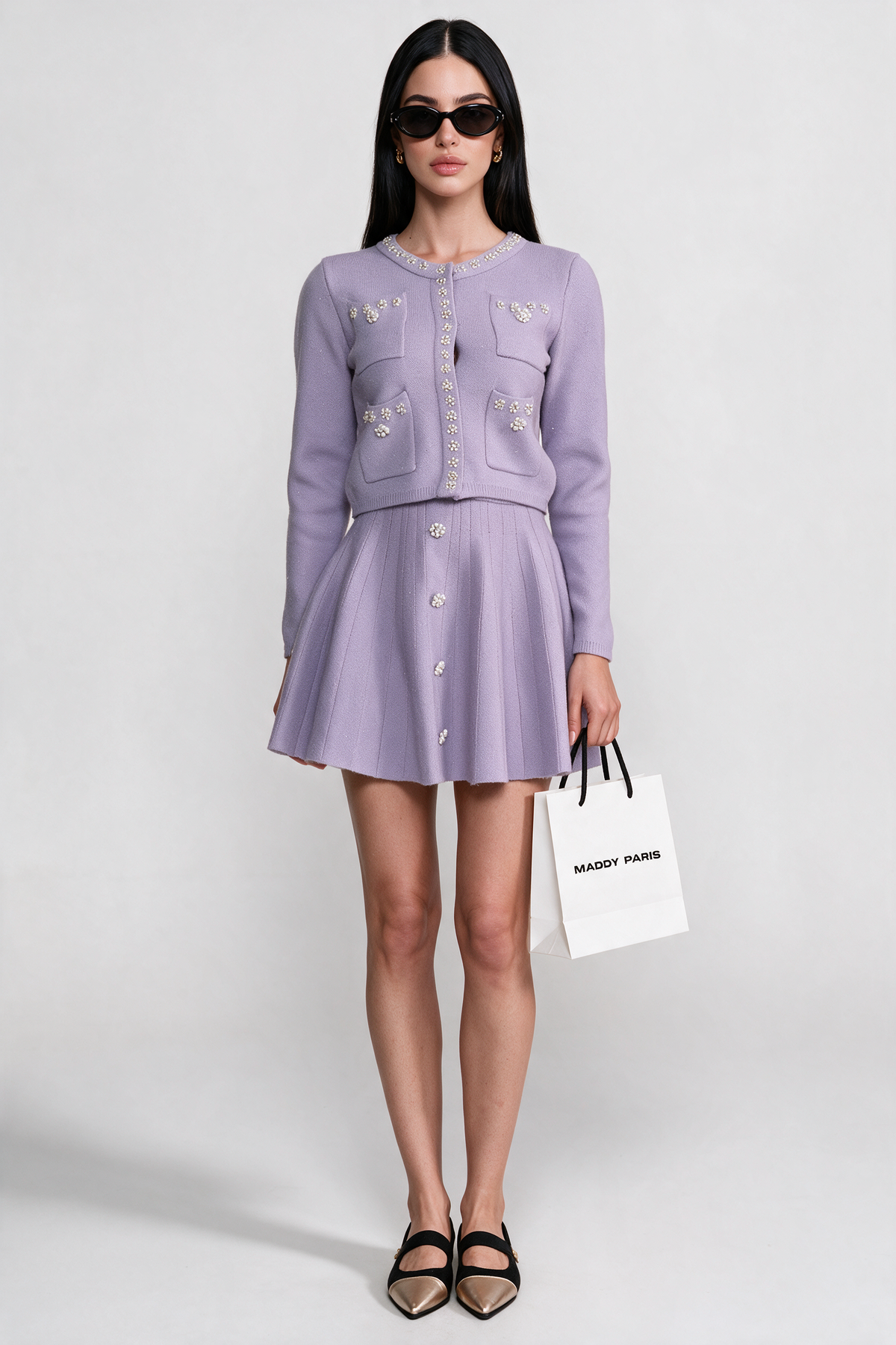 Knit Co-Ord Set With Long Sleeve Cardigan And Matching Mini Skirt - Lilac