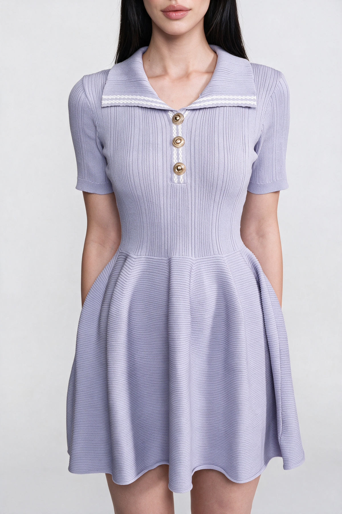 Ribbed Knit Mini Dress With Open Polo Collar And Jewel Buttons - Lilac