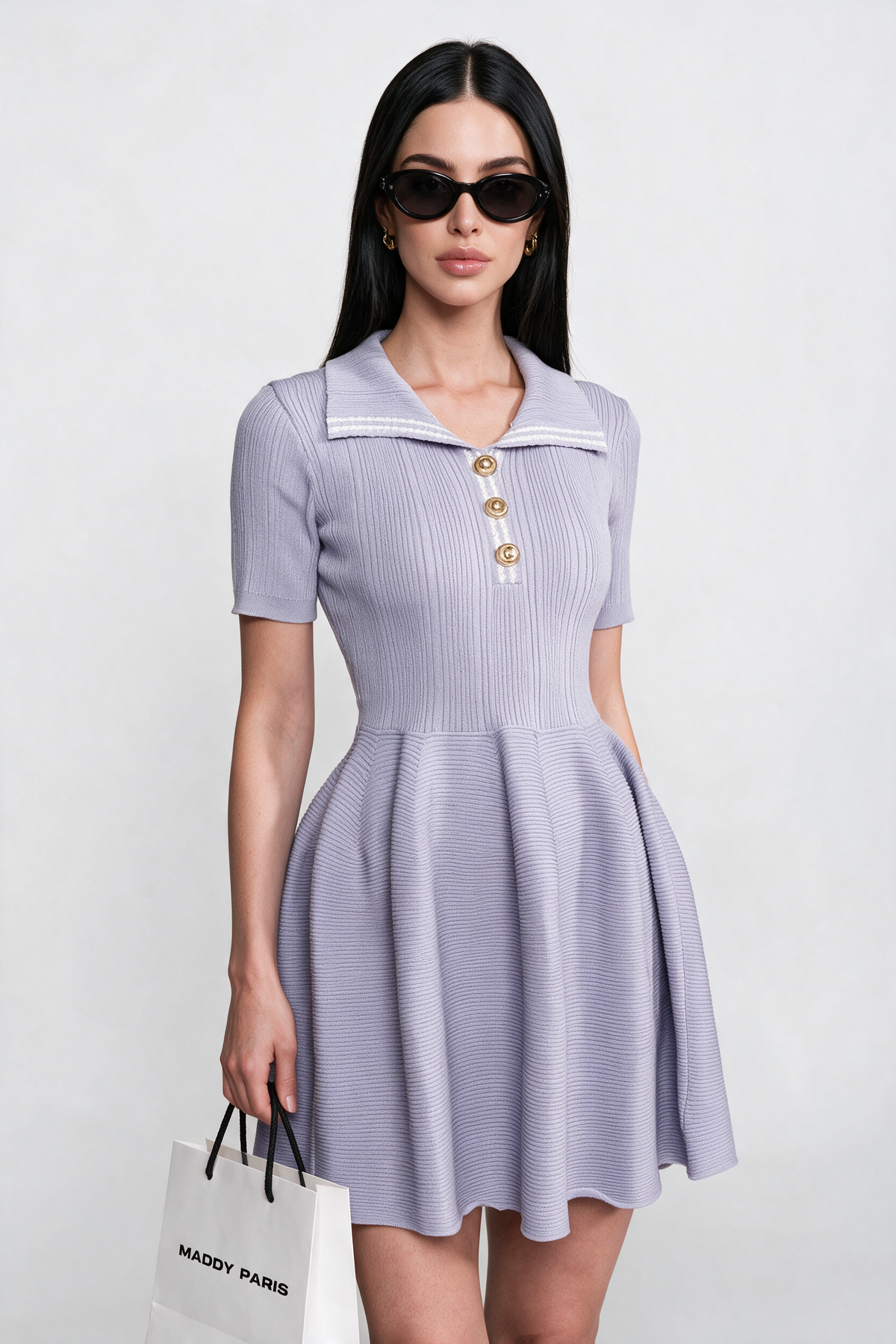 Ribbed Knit Mini Dress With Open Polo Collar And Jewel Buttons - Lilac