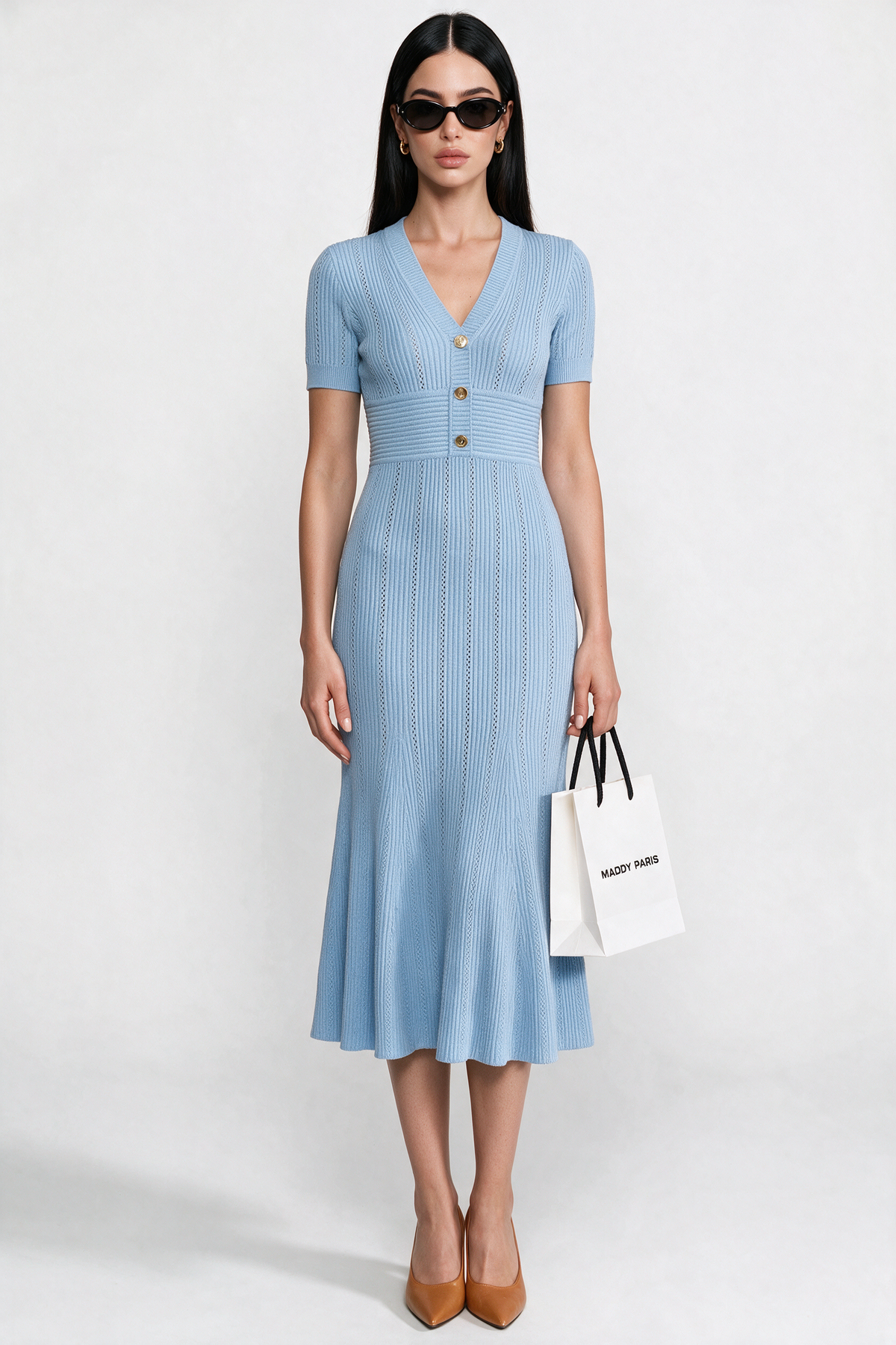 Ribbed Short Sleeve Midi Dress With Gold Button V-Neckline - Blue