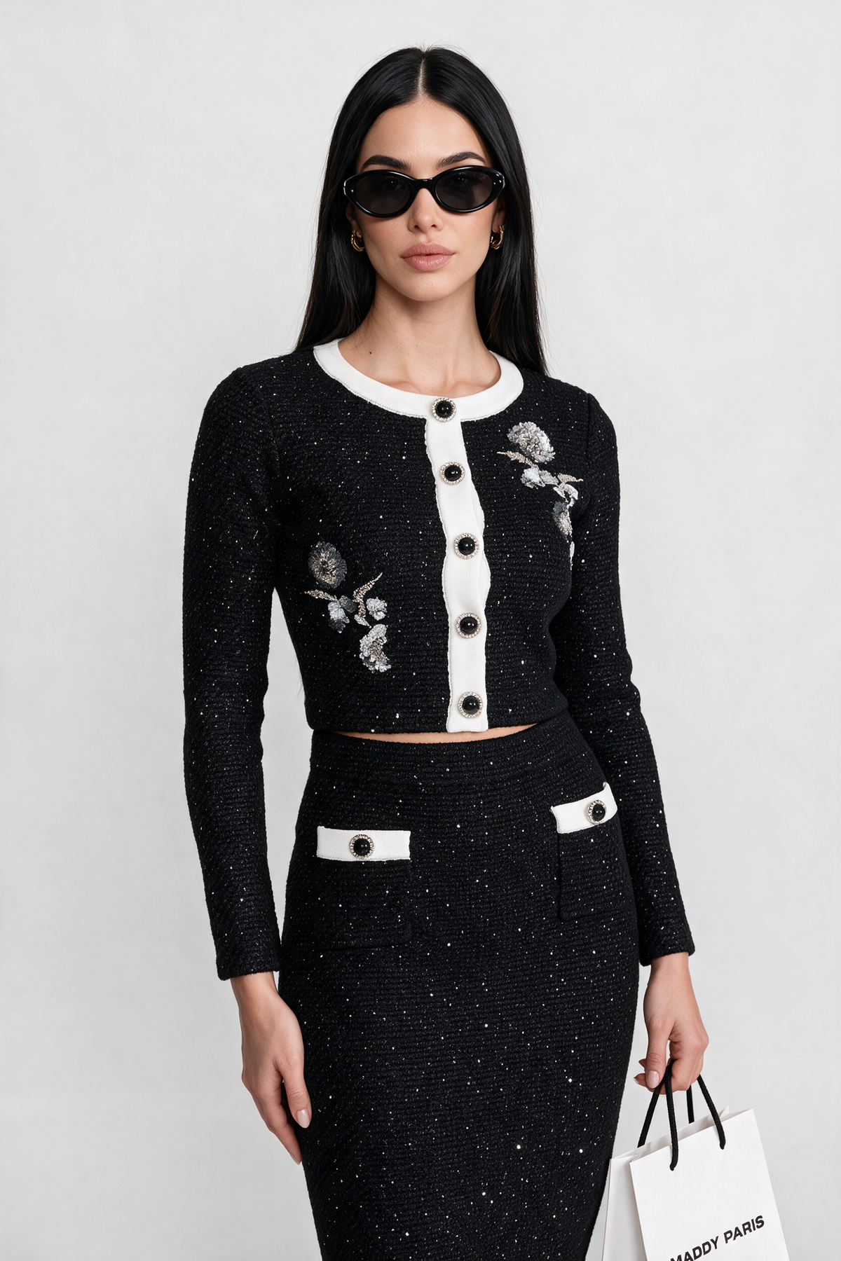 Embroidered Tweed Knit Co-Ord Set with Contrast Trim - Black