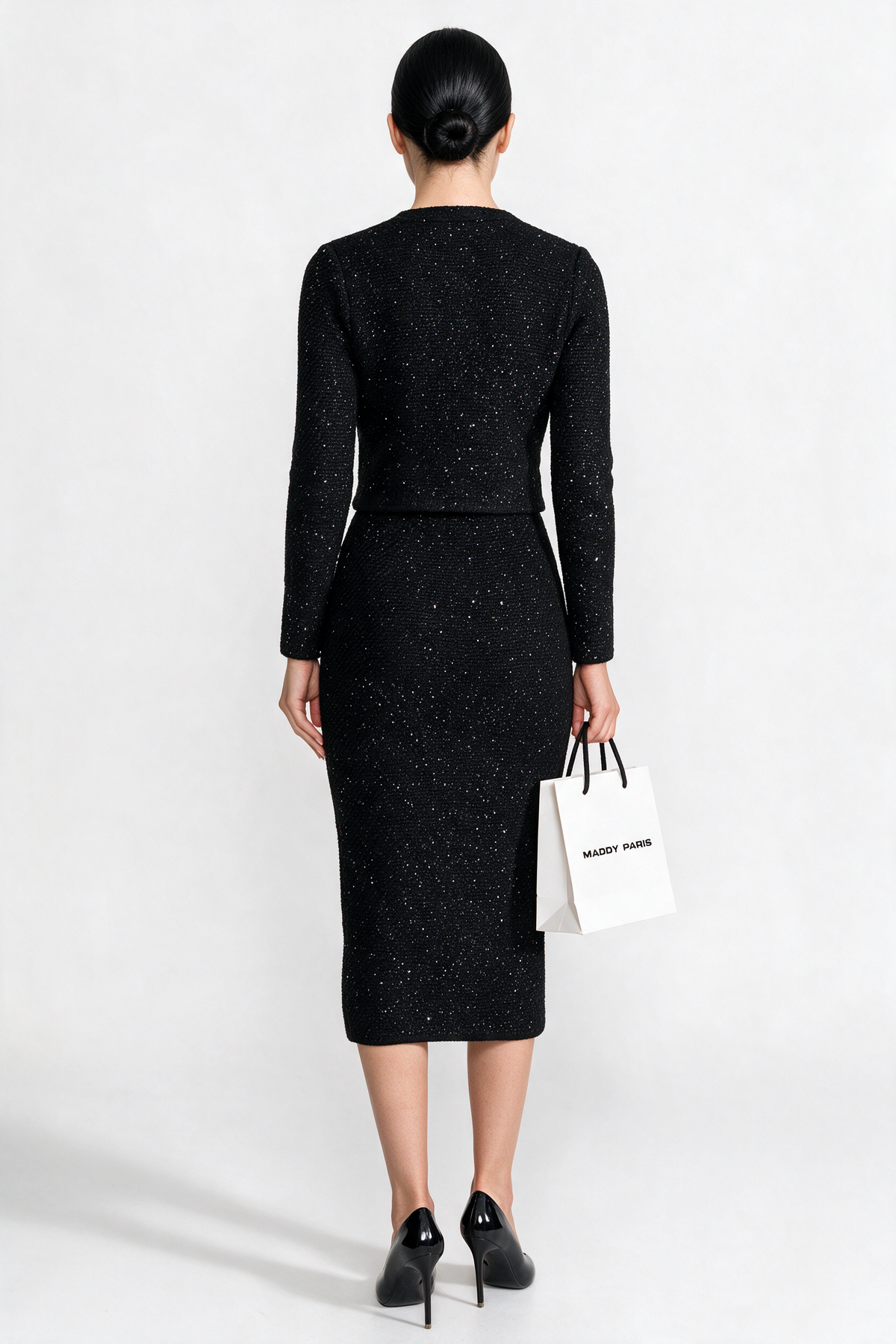 Embroidered Tweed Knit Co-Ord Set with Contrast Trim - Black