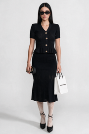 Eloise Black Knit Midi Co-Ord with Peplum Waist and Gold Buttons